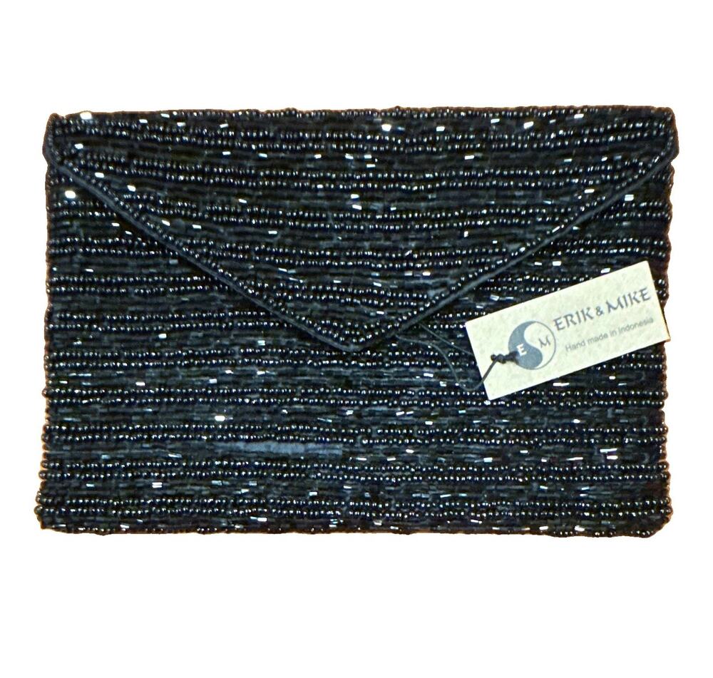 Erik & Mike Black Beaded Lined Envelope Clutch, Magnetic